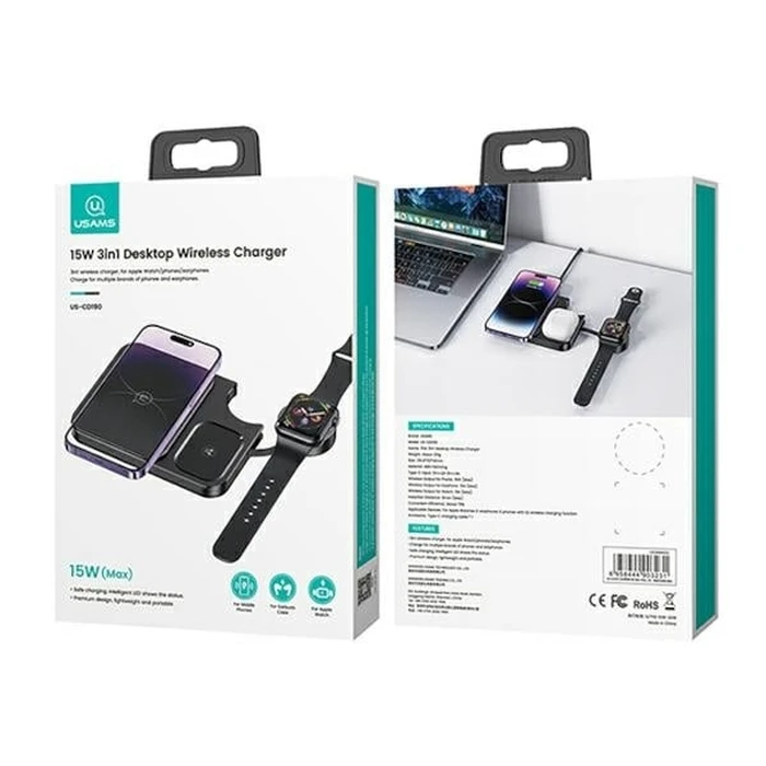 USAMS 3in1 Wireless Charger 15W black (US-CD190)