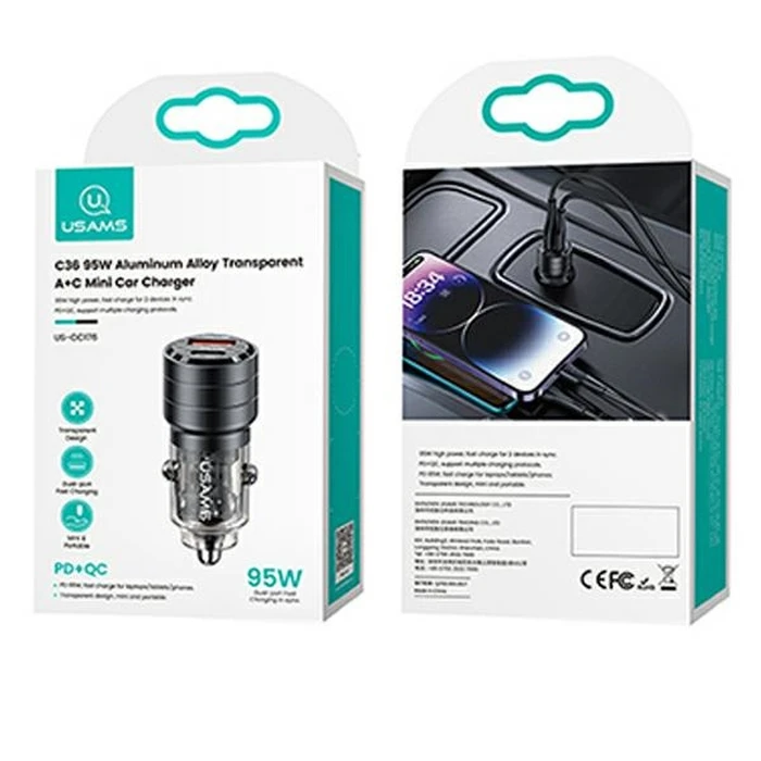 USAMS C36 Car Charger USB-A+USB-C 95W Fast Charge black (US-CC176)