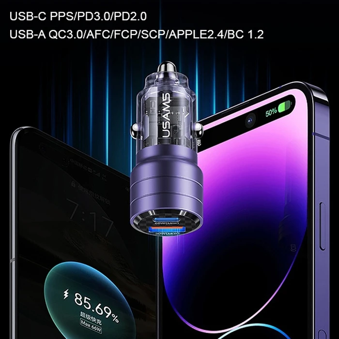 USAMS C36 Car Charger USB-A+USB-C 95W Fast Charge purple (US-CC176)