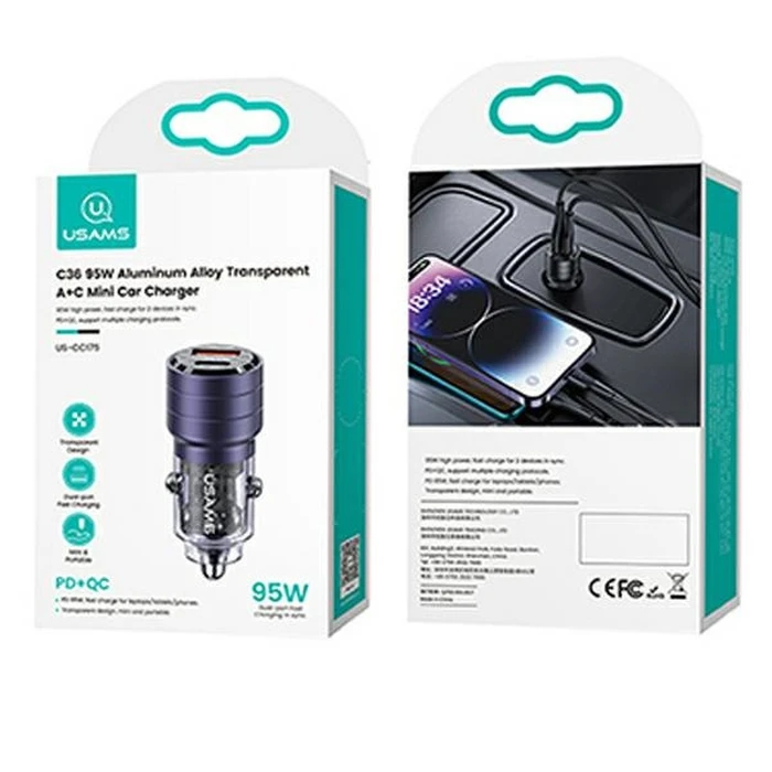 USAMS C36 Car Charger USB-A+USB-C 95W Fast Charge purple (US-CC176)
