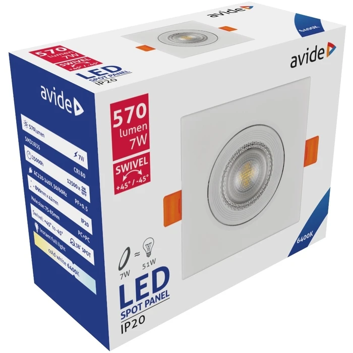 Χωνευτό Σπότ Avide LED 38° Τετράγωνο 7W Ψυχρό 6400K