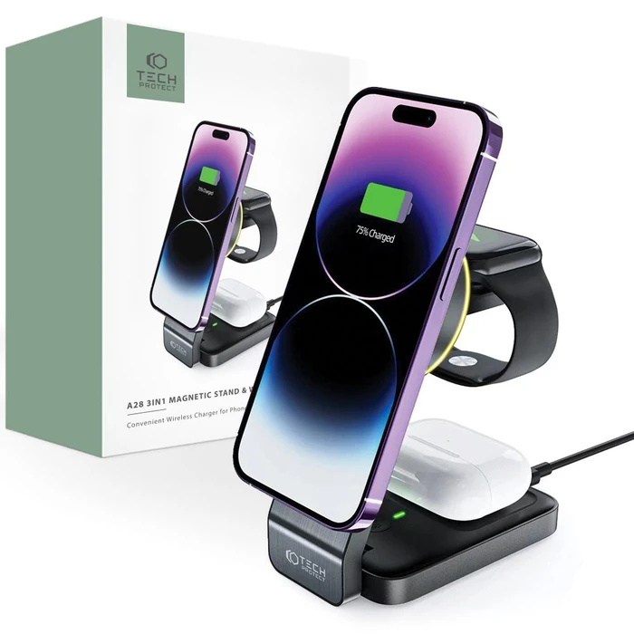 Tech-Protect Qi15W-A28 3in1 Magnetic Wireless Charger MagSafe Black
