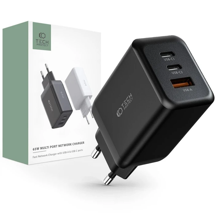 Tech-Protect C65W 3-port Network Charger PD 65W QC 3.0 Black