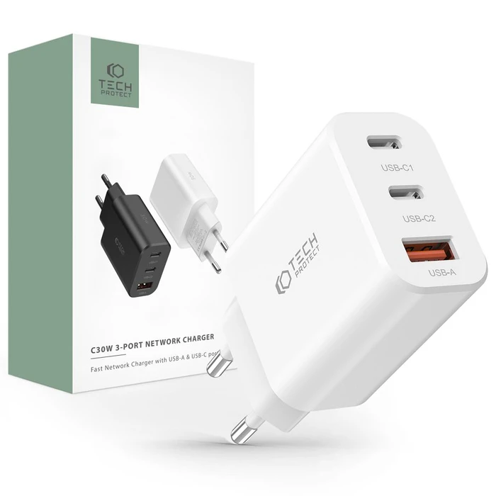 Tech-Protect C30W 3-port Network Charger PD 30W QC 3.0 White