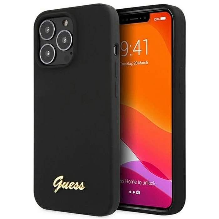 Guess GUHCP13XLSLMGBK Apple iPhone 13 Pro Max black hardcase Silicone Script Gold Logo