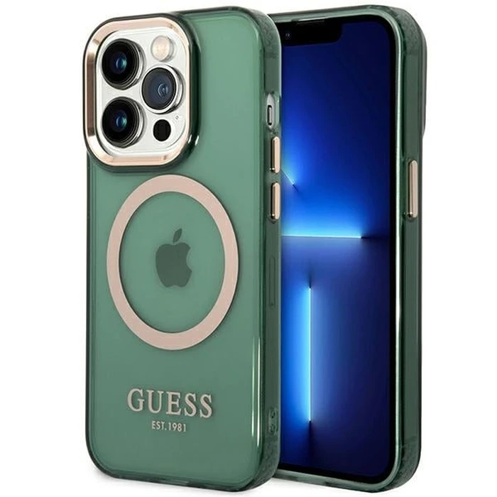 Guess GUHMP14LHTCMA Apple iPhone 14 Pro khaki hard case Gold Outline Translucent MagSafe