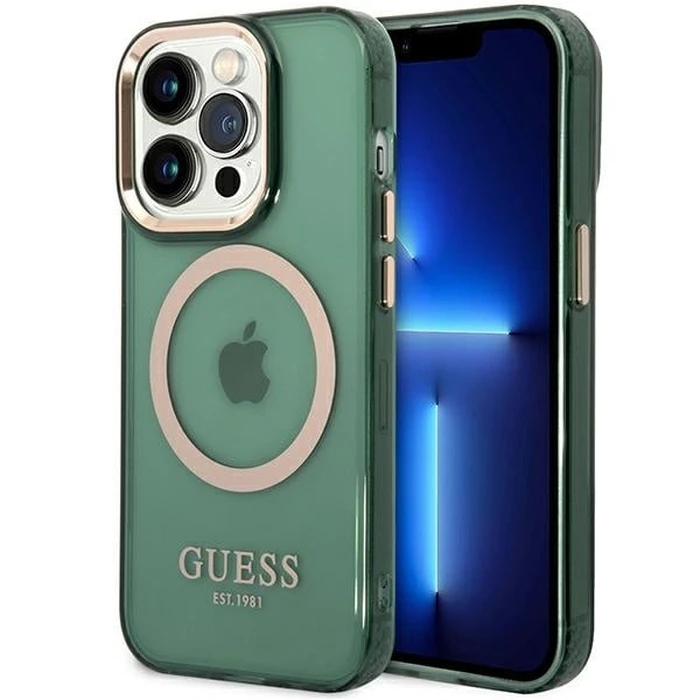 Guess GUHMP14XHTCMA Apple iPhone 14 Pro Max khaki hard case Gold Outline Translucent MagSafe