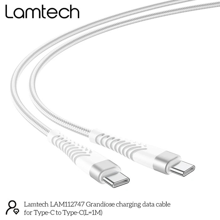 Καλώδιo USB Lamtech HQ UNBREAKABLE Type-C to Type-C WHITE 1M