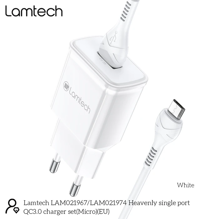 Φορτιστής Πρίζας Lamtech Quick Charger USB3.0 18W With Micro USB 1M WHITE