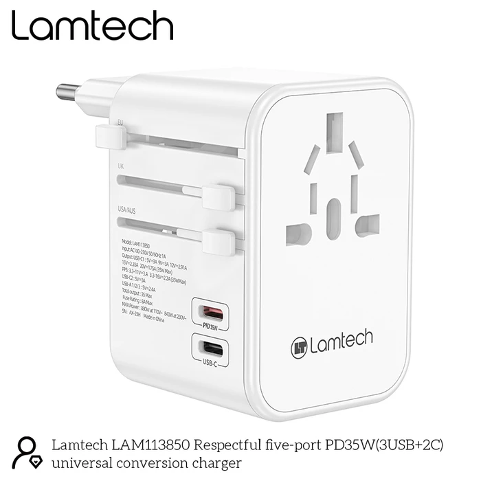 Αντάπτορας Πρίζας Lamtech Universal Travel with 3xUSB + 2xTYPE-C OUTPUTS 35W