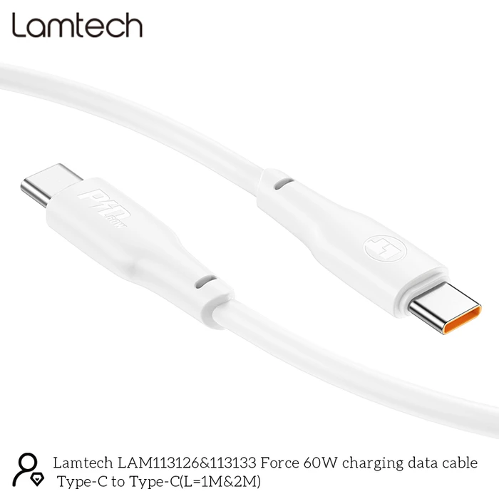 Καλώδιο USB Lamtech CHARGE AND DATA Type-C TO Type-C 60W 2M White