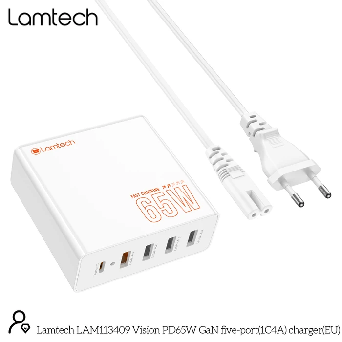 Φορτιστής Πρίζας Lamtech GAN FAST CHARGER 1xType-C & 4xQC3.0 65W & EU CABLE 1.5M