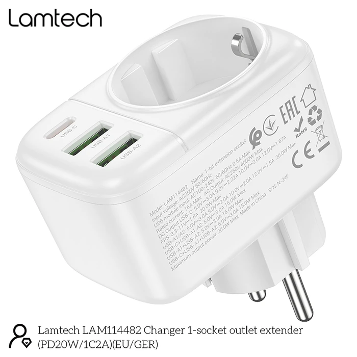 Φορτιστής Πρίζας Lamtech Multifunctional Surge 1xschuko 2xusb 1xtype-C Pd20w