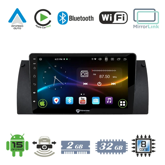 VenCore 3236-10007-0604B 9" Android 15 Multimedia Head Unit for BMW Series 5 Lite E39 (1997-2003)