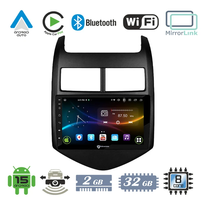VenCore 3236-10007-0243B - 9" Android 15 Multimedia Car Head Unit for Chevrolet Aveo 2011-2017 – Black