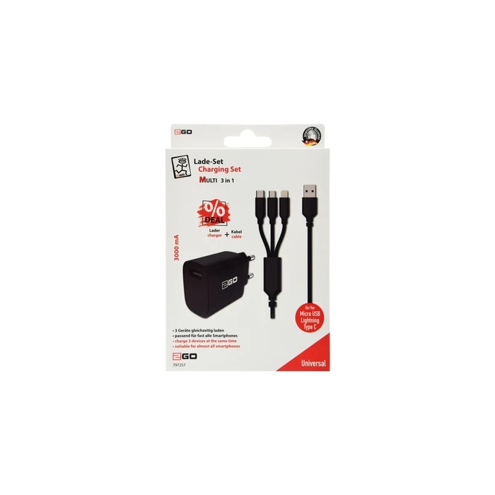 2GO Φορτιστής 15W με καλώδιο 1xUSB-A 1xMicroUSB 1xLightning μαύρο