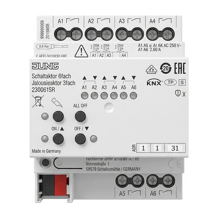 JUNG 230061SR KNX 6-fold Switch Actuator / 3-fold Shutter (Jalousie) Actuator, REG 4 TE, Secure