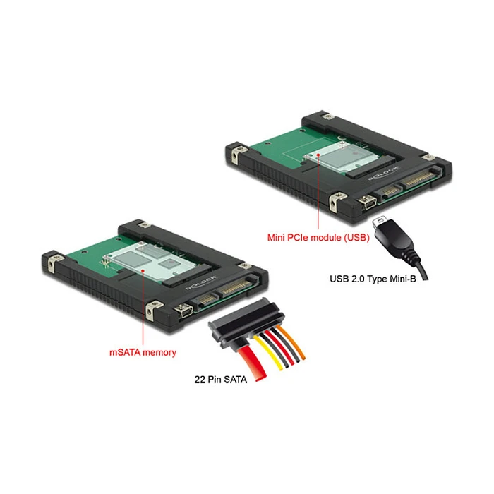 Delock 2.5″ Converter SATA 22-pin / USB 2.0 Type Mini-B > 1 x mSATA / Mini PCIe Slot (62853)