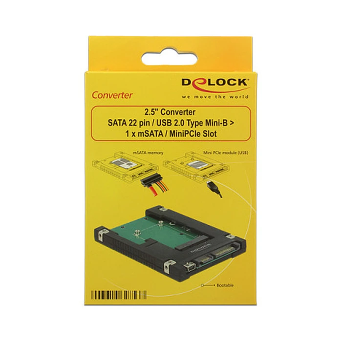 Delock 2.5″ Converter SATA 22-pin / USB 2.0 Type Mini-B > 1 x mSATA / Mini PCIe Slot (62853)