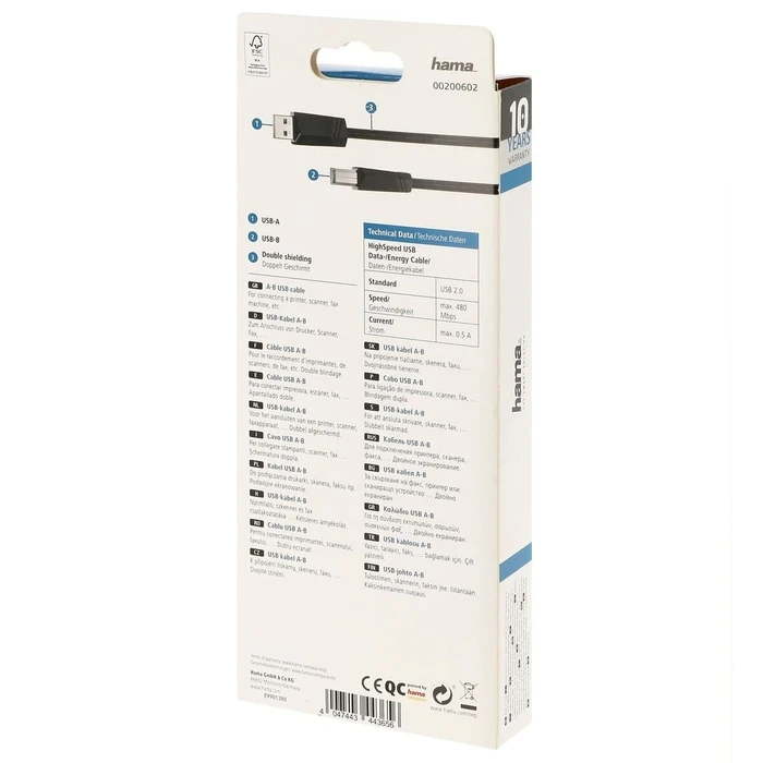 Καλώδιο USB 2.0 A σε USB B Hama 00200602 1,5 m Μαύρο