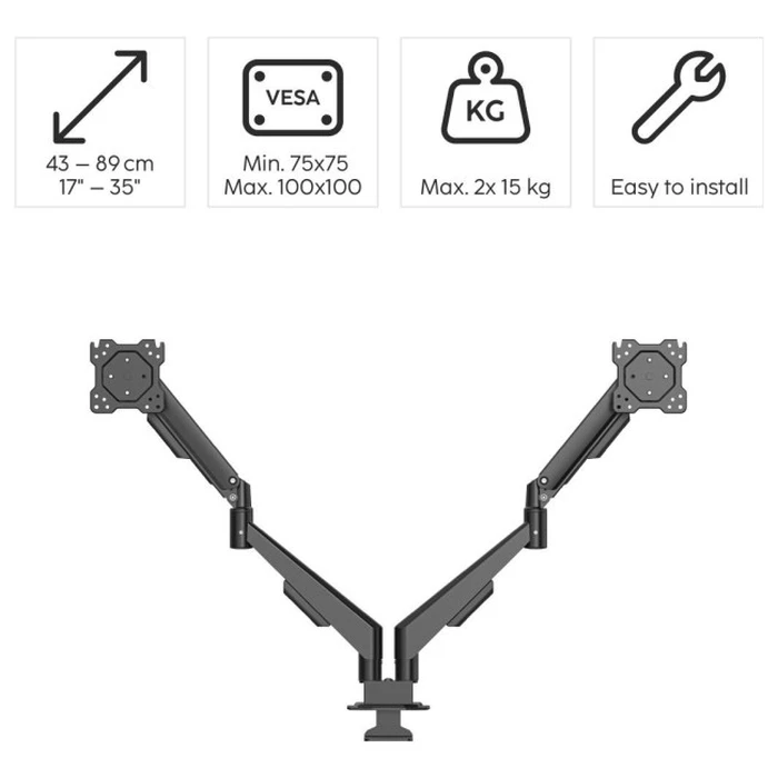 Hama Dual Monitor Gas Spring Desk Mount, 2 Arms, 17"–35" (Model 220907)