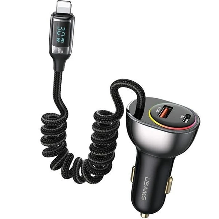 USAMS US-CC193 car charger 1xUSB-A 18W+1xUSB-C 30W + cable Ligtning 30W PD+QC Fast Charge black