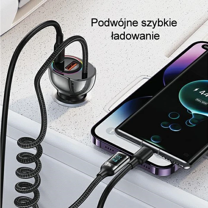 USAMS US-CC193 car charger 1xUSB-A 18W+1xUSB-C 30W + cable Ligtning 30W PD+QC Fast Charge black