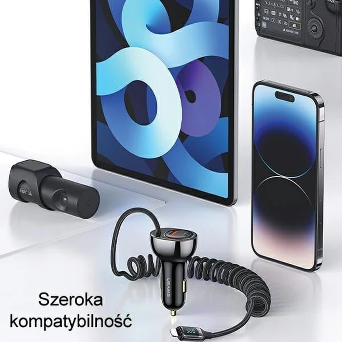 USAMS US-CC193 car charger 1xUSB-A 18W+1xUSB-C 30W + cable Ligtning 30W PD+QC Fast Charge black