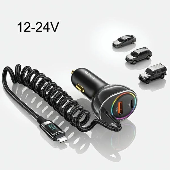 USAMS US-CC193 car charger 1xUSB-A 18W+1xUSB-C 30W + cable Ligtning 30W PD+QC Fast Charge black