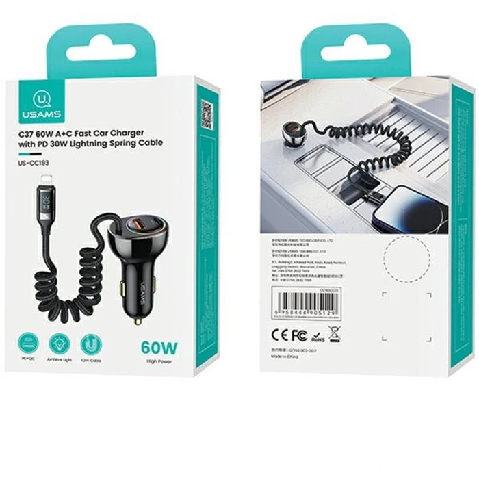 USAMS US-CC193 car charger 1xUSB-A 18W+1xUSB-C 30W + cable Ligtning 30W PD+QC Fast Charge black