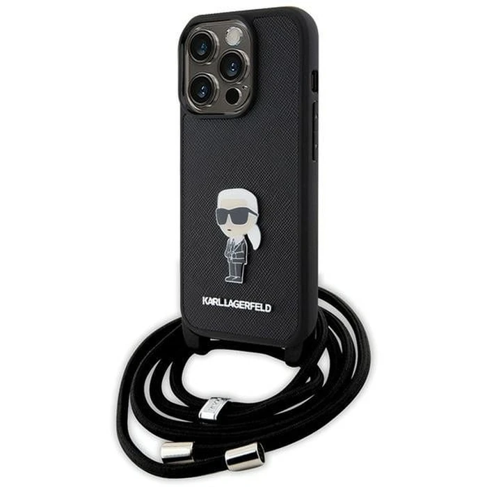 Karl Lagerfeld KLHCP15LSASKNPSK Apple iPhone 15 Pro hardcase Crossbody Saffiano Monogram Metal Pin Karl & Choupette black