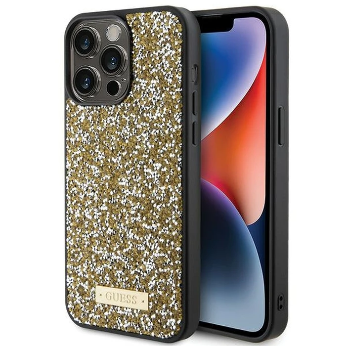 Guess GUHCP15LPFGSBSD Apple iPhone 15 Pro hardcase Rhinestone Metal Logo yellow