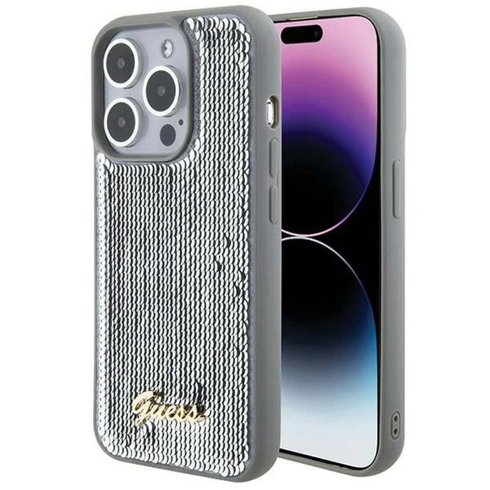 Guess GUHCP15LPSFDGSS Apple iPhone 15 Pro hardcase Sequin Script Metal silver