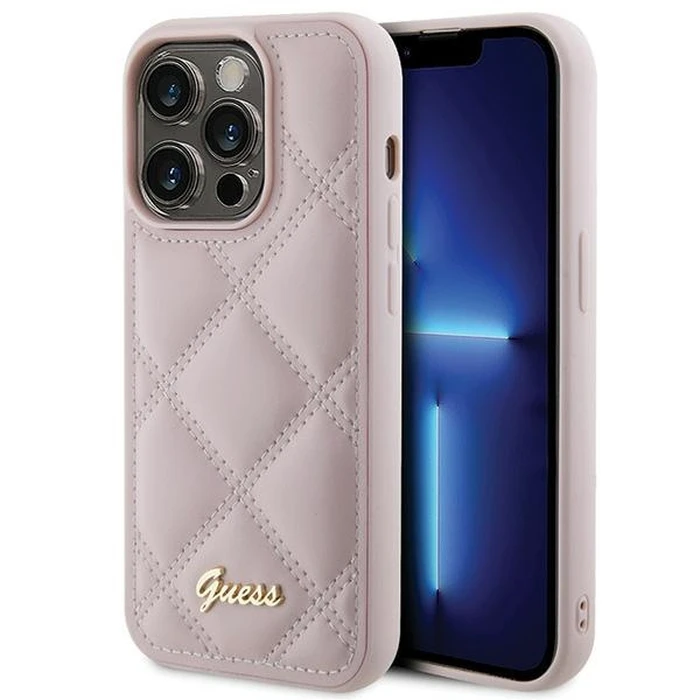 Guess GUHCP15LPSQSQSP Apple iPhone 15 Pro hardcase Quilted Metal Logo pink