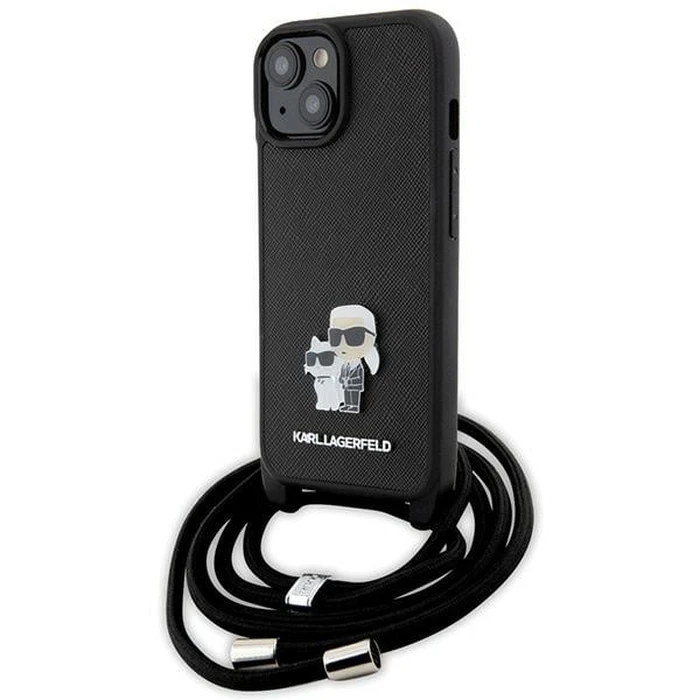 Karl Lagerfeld KLHCP15SSAKCPSK Apple iPhone 15 hardcase Crossbody Saffiano Metal Pin Karl & Choupette black