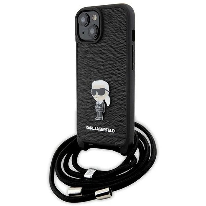 Karl Lagerfeld KLHCP15SSASKNPSK Apple iPhone 15 hardcase Crossbody Saffiano Monogram Metal Pin Karl & Choupette black