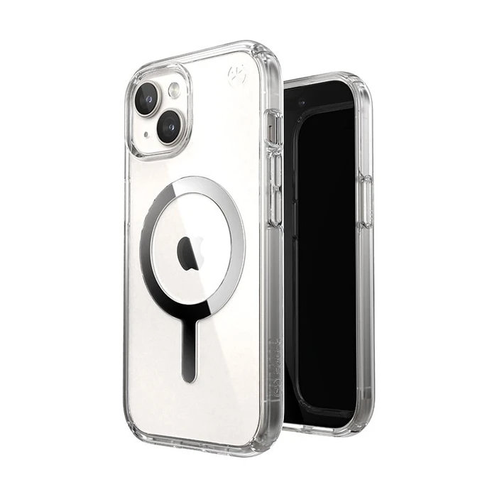 Speck Presidio Perfect-Clear MagSafe Apple iPhone 15 (Clear/Chrome Finish/Serene Silver)