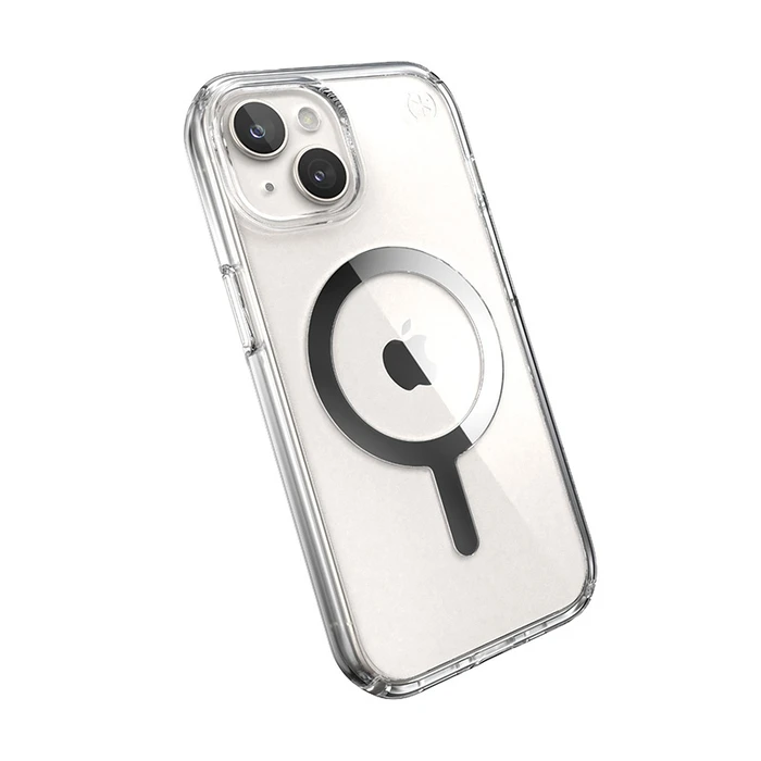 Speck Presidio Perfect-Clear MagSafe Apple iPhone 15 (Clear/Chrome Finish/Serene Silver)
