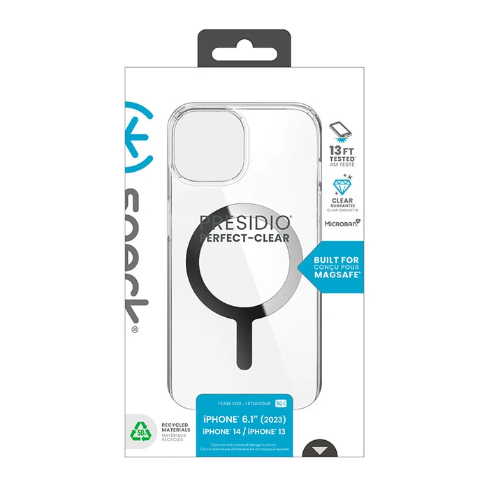 Speck Presidio Perfect-Clear MagSafe Apple iPhone 15 (Clear/Chrome Finish/Serene Silver)