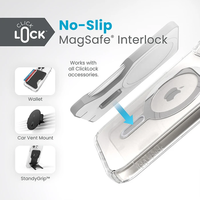 Speck Presidio Perfect-Clear ClickLock MagSafe Apple iPhone 15 (Clear/Chrome Finish/Serene Silver)