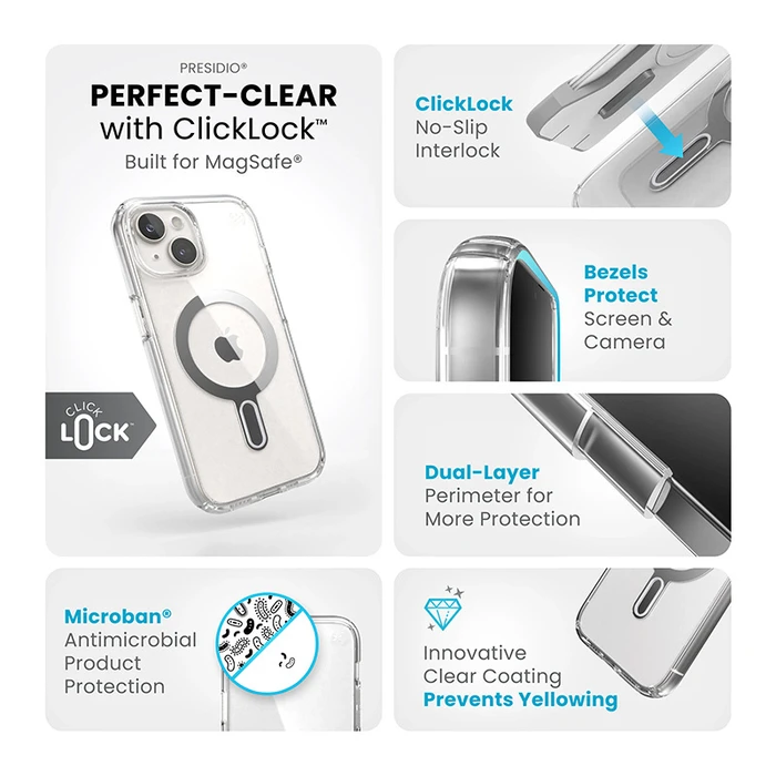 Speck Presidio Perfect-Clear ClickLock MagSafe Apple iPhone 15 (Clear/Chrome Finish/Serene Silver)