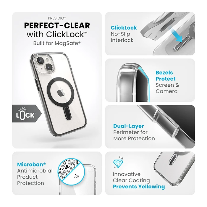 Speck Presidio Perfect-Clear ClickLock MagSafe Apple iPhone 15 (Clear/Frosted Black/Slate Grey)