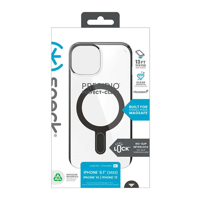 Speck Presidio Perfect-Clear ClickLock MagSafe Apple iPhone 15 (Clear/Frosted Black/Slate Grey)