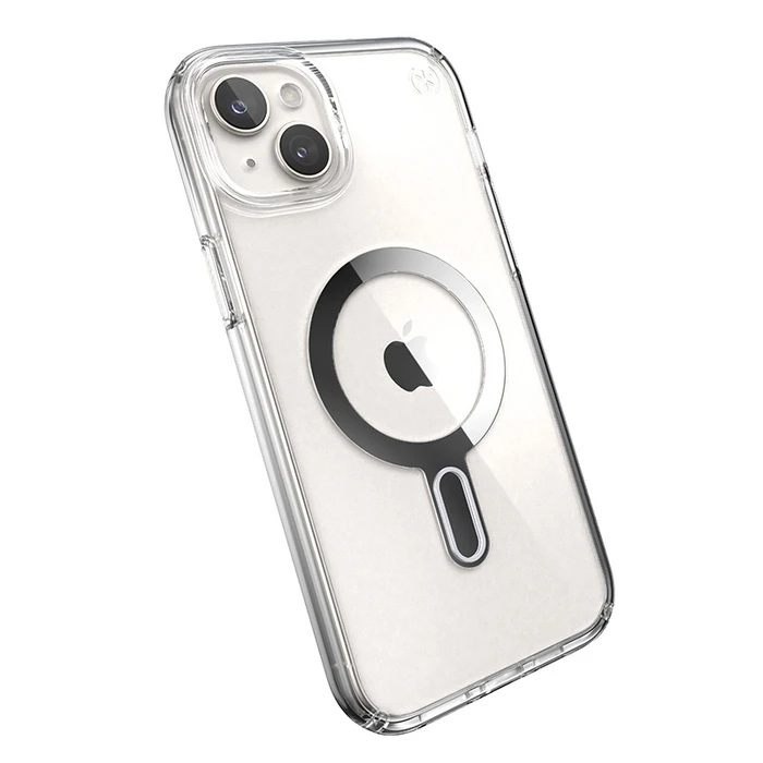 Speck Presidio Perfect-Clear ClickLock MagSafe Apple iPhone 15 Plus / 14 Plus (Clear/Chrome Finish/Serene Silver)