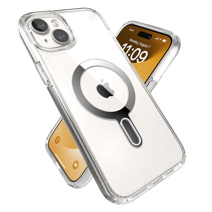 Speck Presidio Perfect-Clear ClickLock MagSafe Apple iPhone 15 Plus / 14 Plus (Clear/Chrome Finish/Serene Silver)