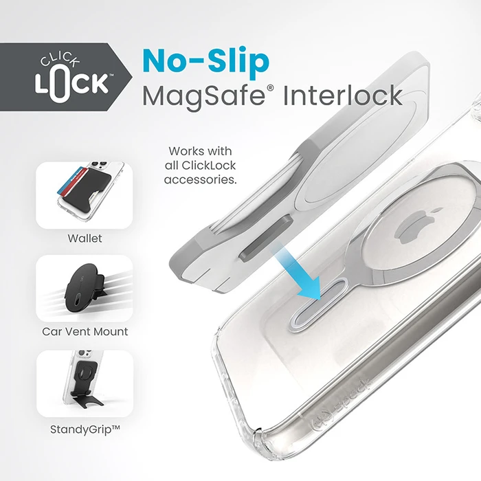 Speck Presidio Perfect-Clear ClickLock MagSafe Apple iPhone 15 Plus / 14 Plus (Clear/Chrome Finish/Serene Silver)