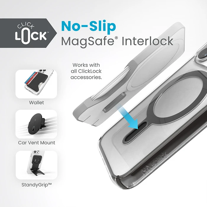 Speck Presidio Perfect-Clear ClickLock MagSafe Apple iPhone 15 Pro (Clear/Frosted Black/Slate Grey)
