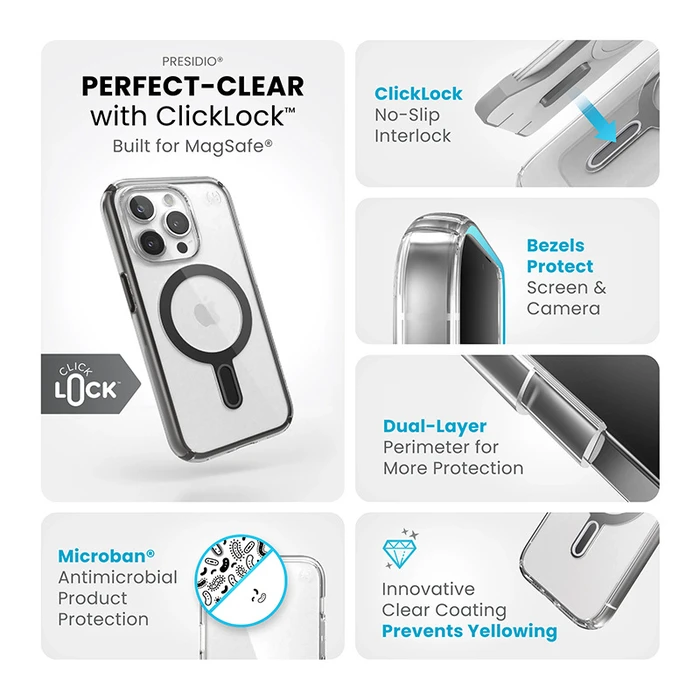 Speck Presidio Perfect-Clear ClickLock MagSafe Apple iPhone 15 Pro (Clear/Frosted Black/Slate Grey)