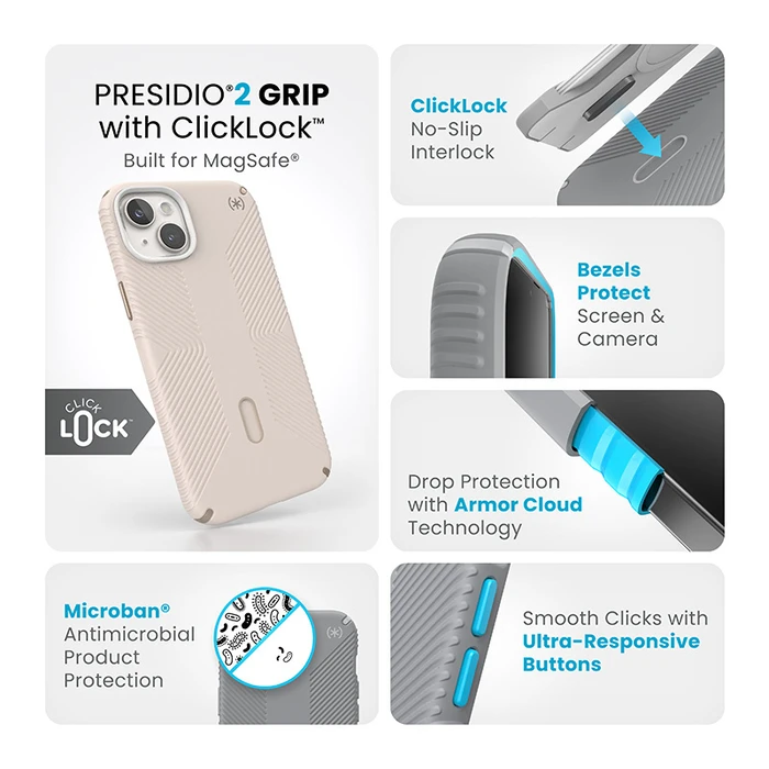 Speck Presidio2 Grip ClickLock MagSafe Apple iPhone 15 Plus / 14 Plus (Bleached Bone/Heirloom Gold/Hazel Brown)