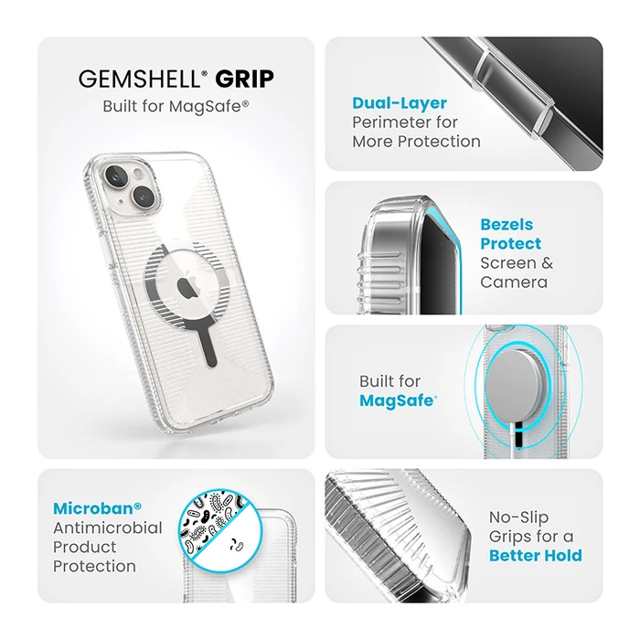 Speck Gemshell Grip MagSafe Apple iPhone 15 Plus / 14 Plus (Clear/Chrome Finish)